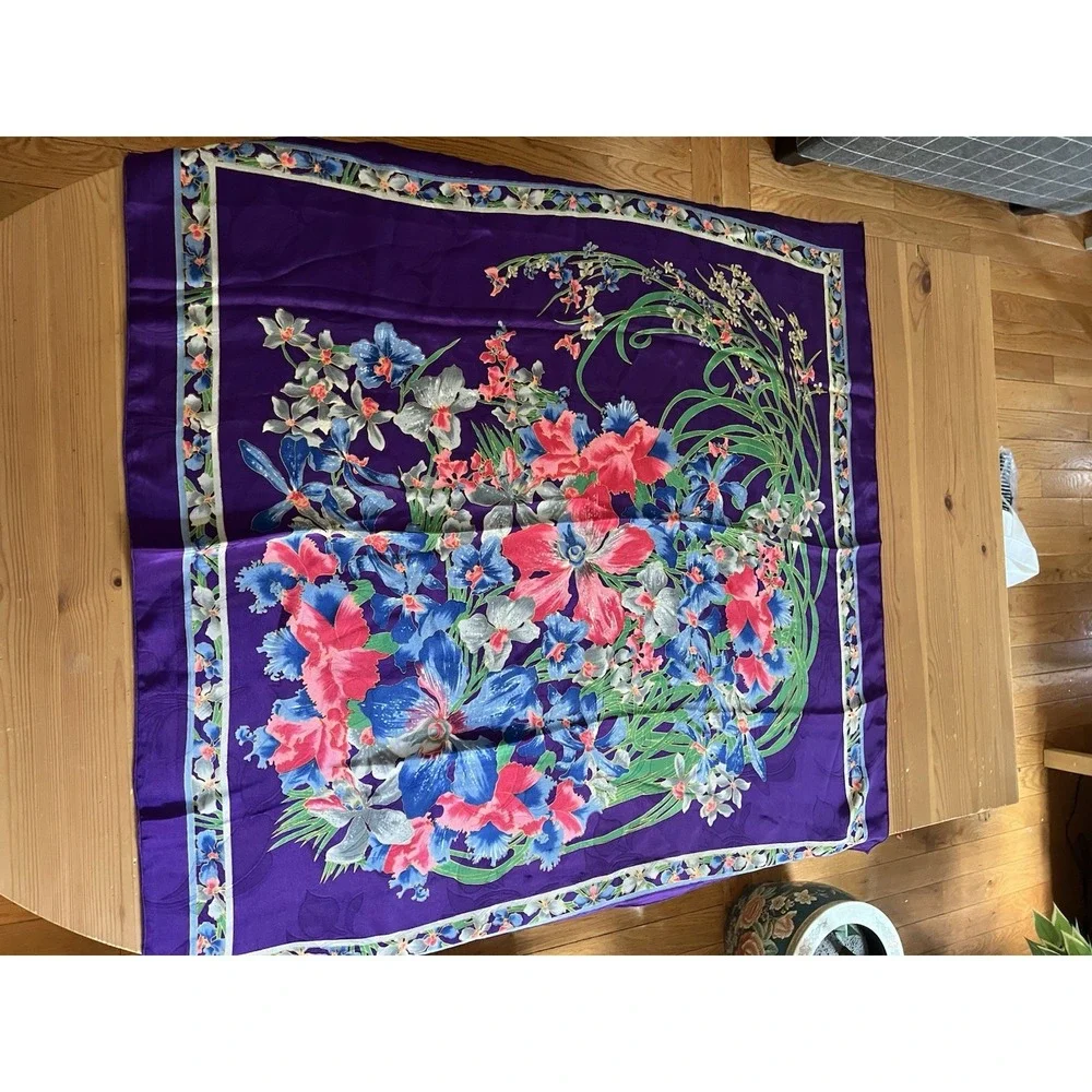 Vintage Floral Silk Scarf Purple Blue Pink Orchid Print Square Retro 34x33